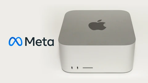 The blue Meta infinity logo and the word Meta on the left of a pale background, next to a silver Apple Mac Studio desktop computer, a squat aluminium box with an Apple logo on top and ports on its front.