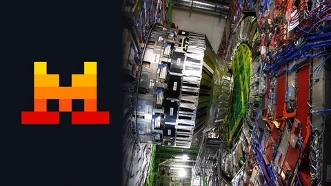 The orange and red pixel-block Mistral AI logo on a dark panel on the left, beside a photo of the CMS particle detector at CERN, a huge cylinder of silver modules and blue and red cabling with a green-netted disc.