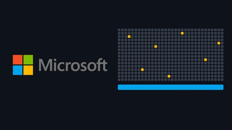 The four-colour Microsoft logo and wordmark on the left of a dark background, next to a grid of 512 small grey squares in which seven are lit yellow, above one long blue bar.
