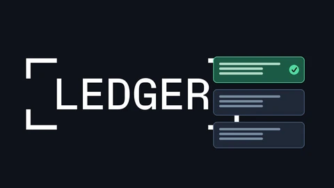 The white Ledger wordmark on a dark background on the left, beside three rounded proposal cards stacked as a queue on the right, with the top card highlighted in green and marked by a check circle.