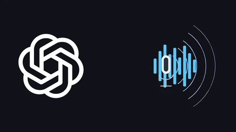 OpenAI's white interlocking blossom symbol on a near-black background on the left, beside a white microphone outline with blue equalizer bars and outward sound arcs on the right.