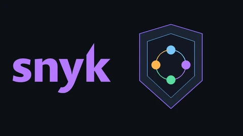 The purple Snyk wordmark on a near-black background on the left, beside a outlined shield holding four coloured nodes linked in a circle on the right.