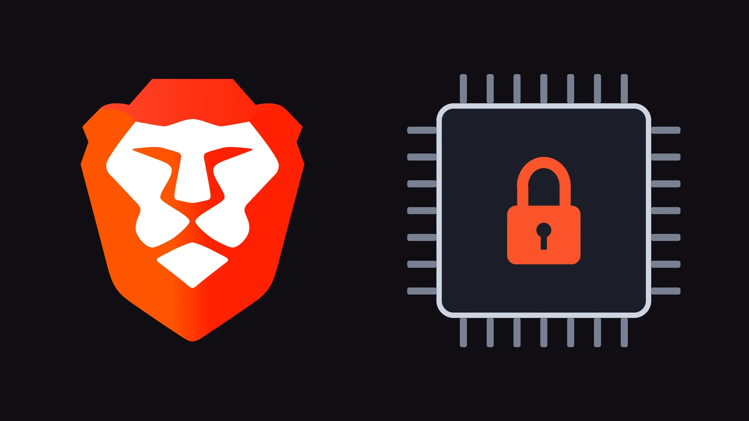Brave's orange lion-head logo on a near-black background on the left, beside a grey processor chip outline with an orange padlock in its centre on the right.