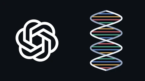 OpenAI's white interlocking blossom symbol on a near-black background on the left, beside a white and grey DNA double helix with green, blue, yellow and red rungs on the right.
