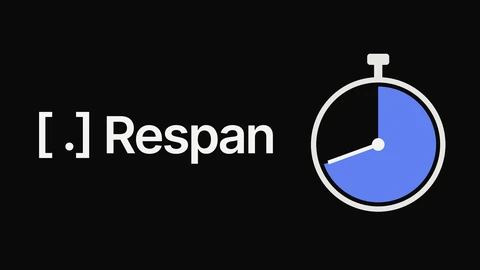 Respan's off-white logo, a dot between square brackets followed by the word Respan, on a black background, beside a drawn stopwatch whose face is mostly filled in blue.