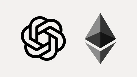 The black OpenAI knot-shaped symbol on the left and the grey diamond-shaped Ethereum logo on the right, side by side on a plain off-white background.
