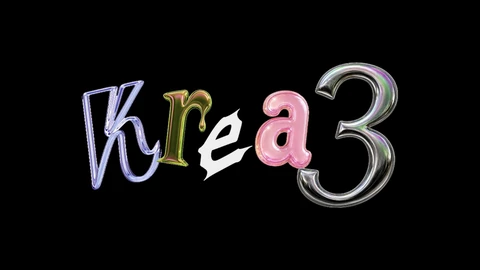 The Krea 3 logo on a black background: the letters K, r, e and a each in a different glossy style, chrome, green, white blackletter and pink, followed by a large chrome numeral 3.