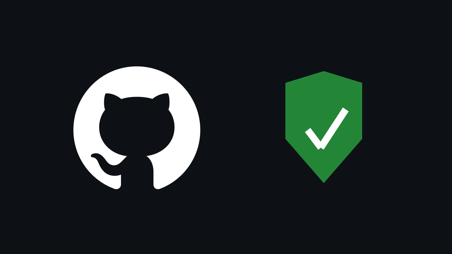 GitHub's white mark inside a circle on the left, beside a green shield with a white checkmark on the right, both on a near-black background.