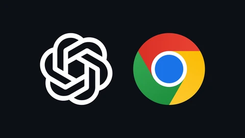 OpenAI's white interlocking blossom symbol on the left and the red, yellow, green and blue Google Chrome icon on the right, side by side on a plain near-black background.