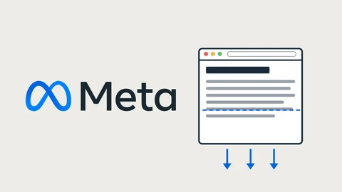 The blue Meta infinity symbol and dark Meta wordmark on the left of an off-white background; on the right, a simple drawing of a browser window with grey text lines, a dashed blue line across the page and three blue arrows pointing down out of it.