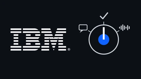 The white IBM striped logo on the left of a near-black background; on the right, a simple drawing of a round switch dial with a blue centre, its pointer aimed at a check mark, with a speech bubble on one side and a sound-wave icon on the other.