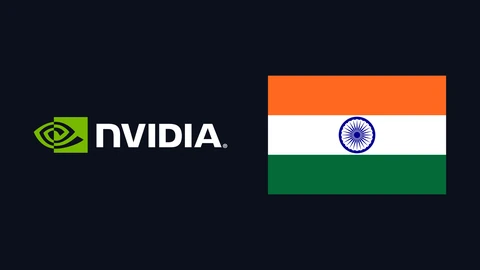 The NVIDIA logo, a green eye-shaped symbol beside the word NVIDIA in white, on the left of a dark navy background, and the saffron, white and green flag of India with its navy blue wheel on the right.