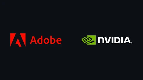 The red Adobe logo and wordmark on the left of a dark navy background, and the green-and-white NVIDIA logo on the right.