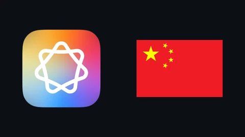 Apple's Apple Intelligence icon, a glowing white multi-loop shape on a rainbow square, on the left of a dark navy background, and the red flag of China with five yellow stars on the right.