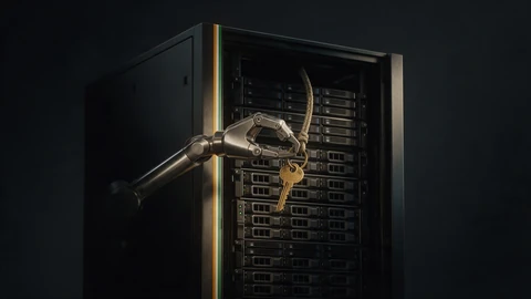 AI-generated illustration of a steel robotic arm reaching into an open black server rack and lifting out a brass key on a cord, with a thin saffron, white and green light strip on the rack edge, on a dark background.