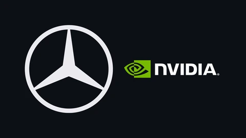 A white Mercedes-Benz three-pointed star in a circle on the left of a dark navy background, and the green-and-white NVIDIA logo on the right.