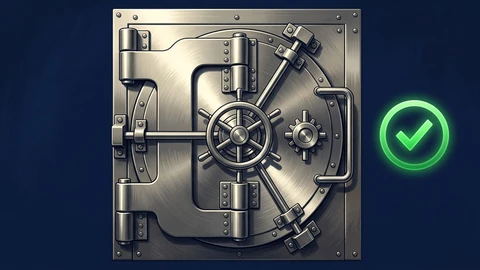 AI-generated illustration of a brushed-steel bank vault door on a dark navy background, with a glowing green circular checkmark badge to the right and no readable text.