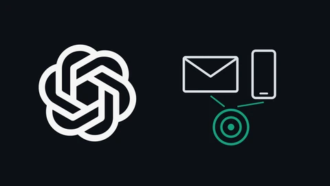 OpenAI's white interlocking blossom symbol on the left of a dark background; on the right, line drawings of an envelope and a phone connected to a green target ring.