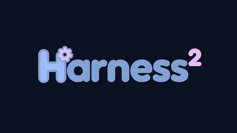Harness² wordmark with a light blue H, pink gear accent, and purple superscript 2 on a dark navy background.