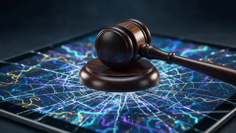 AI-generated illustration of a wooden courtroom gavel resting on a tablet screen filled with abstract glowing network lines, with no readable text and no person.