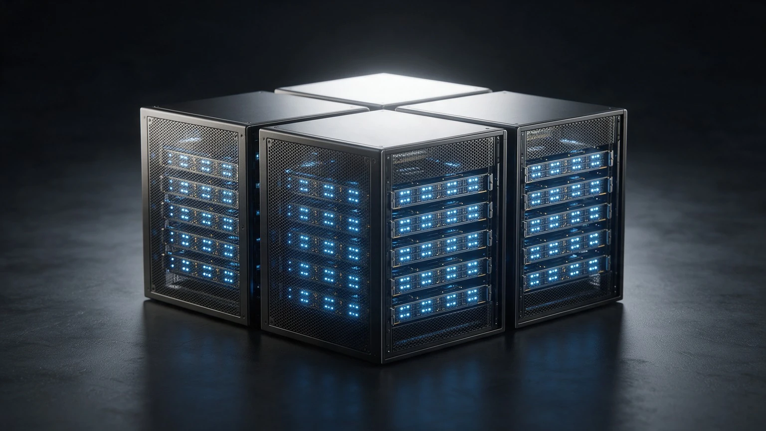 AI-generated illustration of four identical black server racks with blue LED-lit GPU blades, arranged in a tight square cluster on a dark floor against a black background, with no text.
