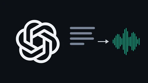 The white interlocking OpenAI blossom on the left of a dark background; to its right, four grey bars like lines of text, an arrow, and a green sound waveform.