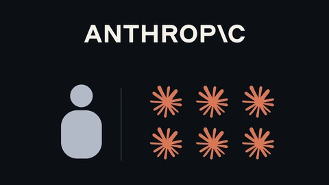 The white Anthropic wordmark across the top of a dark background; below it a plain grey person icon on the left, a thin divider, and six coral Claude starburst symbols in two rows on the right.