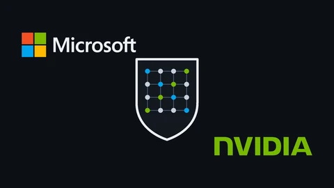 The Microsoft logo with its four coloured squares at top left and the green NVIDIA wordmark at bottom right of a dark background; between them, a white shield outline encloses a grid of connected blue, green and grey dots.