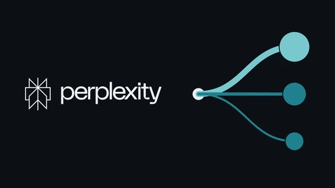 The Perplexity logo in white on the left of a dark background; on the right, a single white dot branches into three teal curves of different thickness ending in a large, a medium and a small circle.