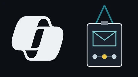The Microsoft 365 Copilot icon in white on the left of a dark background; on the right, an ID badge on a teal lanyard showing an envelope symbol above three linked dots.