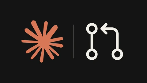 The coral Claude starburst symbol on the left of a near-black background, a thin grey divider, and a large off-white pull-request icon with two branches and an arrow on the right.