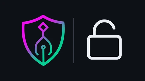 The Archon logo, a magenta-to-green shield outline with a pen-nib mark inside, on the left of a near-black background, a thin grey divider, and a large off-white open padlock icon on the right.