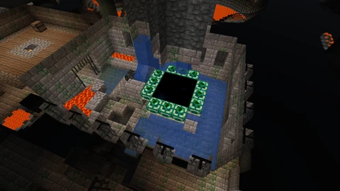 A Minecraft End portal seen from above inside a stone-brick stronghold: a square frame of twelve green Eyes of Ender around a black portal, surrounded by water, lava pools and iron bars.