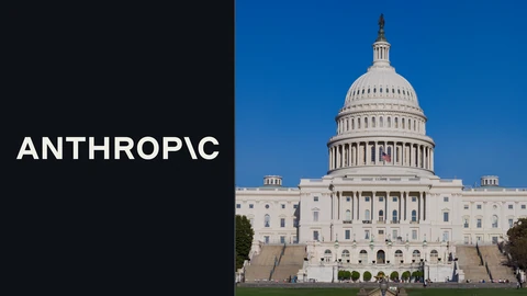 The Anthropic wordmark in off-white on a near-black panel on the left, and on the right a daytime photograph of the white dome and west front of the US Capitol under a blue sky.