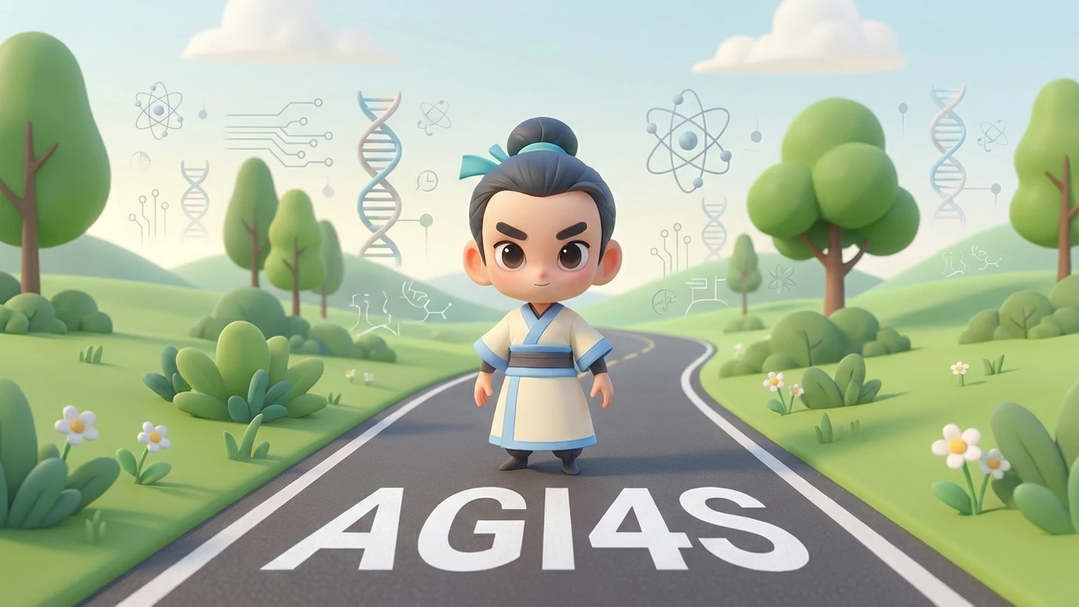 Shanghai AI Lab's cartoon Intern mascot, a figure in a cream robe with a topknot, standing on a road painted with the letters AGI4S, between green hills and floating science icons.
