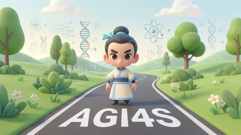 Shanghai AI Lab's cartoon Intern mascot, a figure in a cream robe with a topknot, standing on a road painted with the letters AGI4S, between green hills and floating science icons.