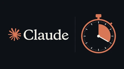 Anthropic's Claude logo, a terracotta starburst beside the word Claude in off-white, on the left of a near-black background, a thin grey divider, and a terracotta stopwatch with a shaded third of its dial on the right.