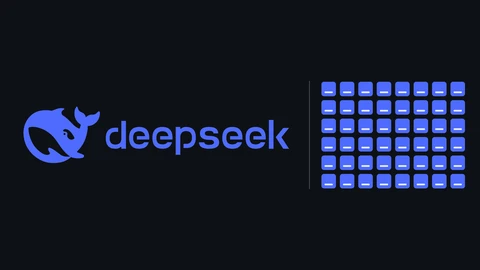 DeepSeek's blue whale logo and lowercase deepseek wordmark on the left of a near-black background, a thin grey divider, and a grid of 48 small blue file tiles on the right.