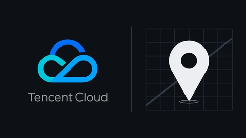 The Tencent Cloud logo, a blue and teal cloud above the words Tencent Cloud, on the left of a near-black background, a thin grey divider, and a white map pin over a faint street grid on the right.