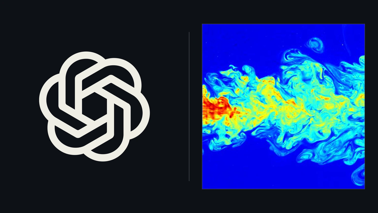 OpenAI's interlocking blossom symbol in off-white on the left of a near-black background, a thin grey divider, and on the right a false-colour laboratory image of a turbulent jet of fluid, red at its source and breaking into yellow and cyan swirls against a blue background.