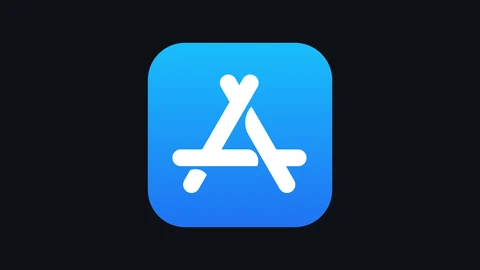 Apple's App Store icon, a rounded blue square with a white letter A built from three crossed sticks, centred on a near-black background.