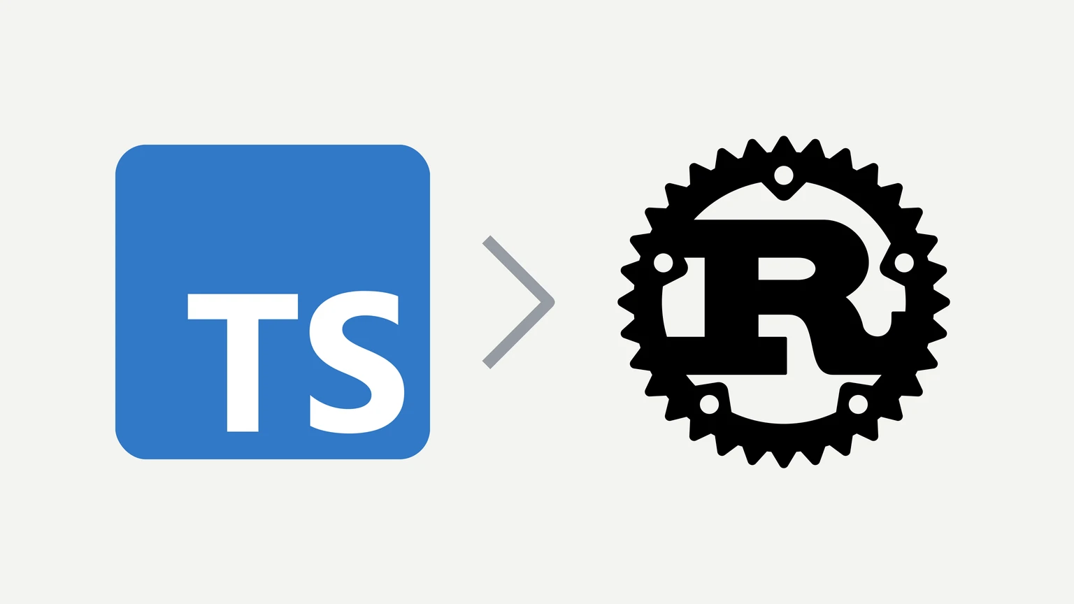 The blue TypeScript logo with the letters TS on the left, a grey arrowhead pointing right, and the black Rust gear logo with an R on the right, on a light grey background.