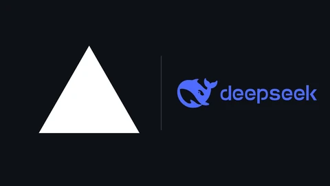 Vercel's white triangle mark on the left and DeepSeek's blue whale logo with the word deepseek on the right, separated by a thin grey line on a near-black background.