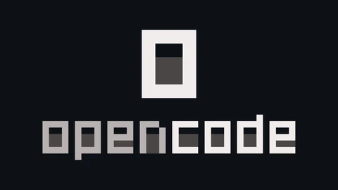 The OpenCode logo, a pale square frame with a dark grey block inside, above the blocky pixel-style opencode wordmark in light grey and off-white, on a near-black background.