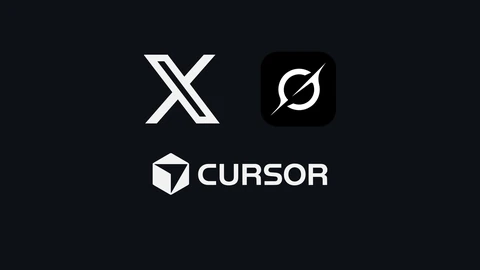 The X logo and the Grok app icon side by side above the Cursor cube logo and wordmark, all in white or black-and-white on a near-black background.