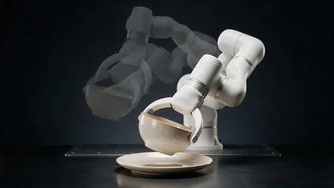 AI-generated illustration of a white robot arm lowering a ceramic bowl onto a plate on a dark background, with two faded copies of the arm behind it showing where it was a moment earlier. No text.