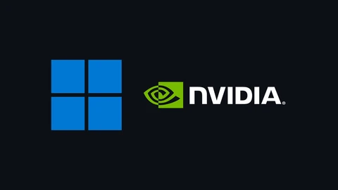 The blue four-pane Windows logo on the left and the green and white NVIDIA eye logo and wordmark on the right, on a plain dark navy background.