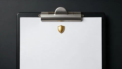 AI-generated illustration of a black clipboard holding a blank white sheet with a small gold shield emblem near the top, on a dark charcoal background.