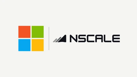 The Microsoft four-coloured square symbol on the left and the black NSCALE wordmark with its slanted triangle mark on the right, separated by a thin grey line on an off-white background.