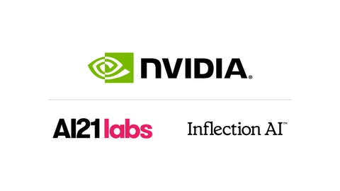 The green NVIDIA logo above a thin grey line, with the AI21 Labs logo and the Inflection AI wordmark side by side below it, on white.